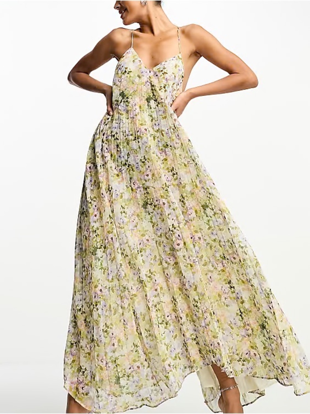 Mango Pastel Yellow Floral Spaghetti-Strap Maxi Dress